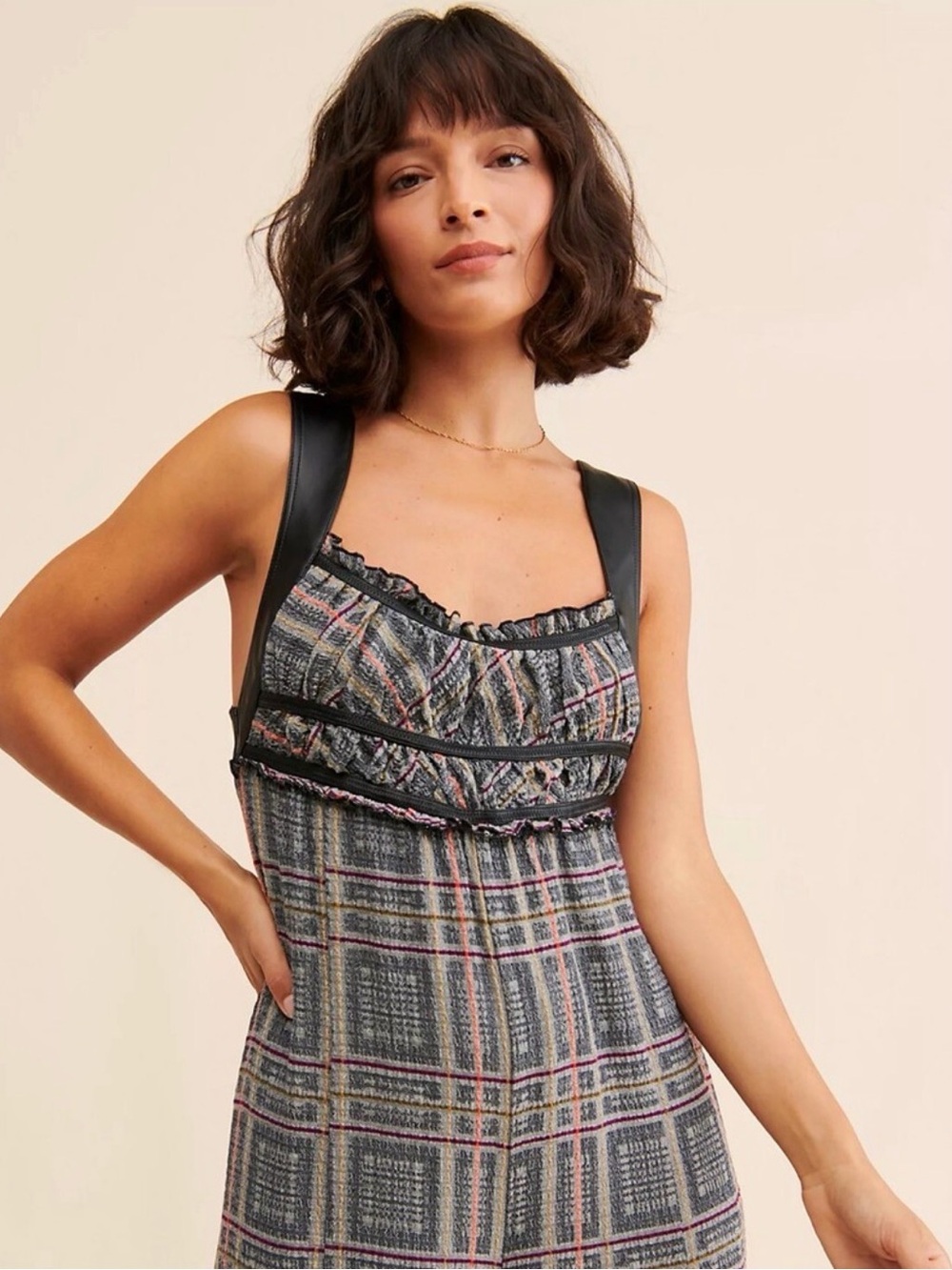 Free People Gray Plaid Slip Dress with Black Strap Detail